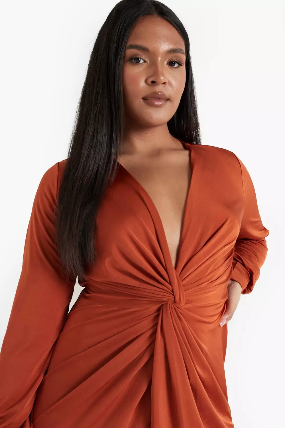 Rust satin twist front shop open sleeve wrap dress